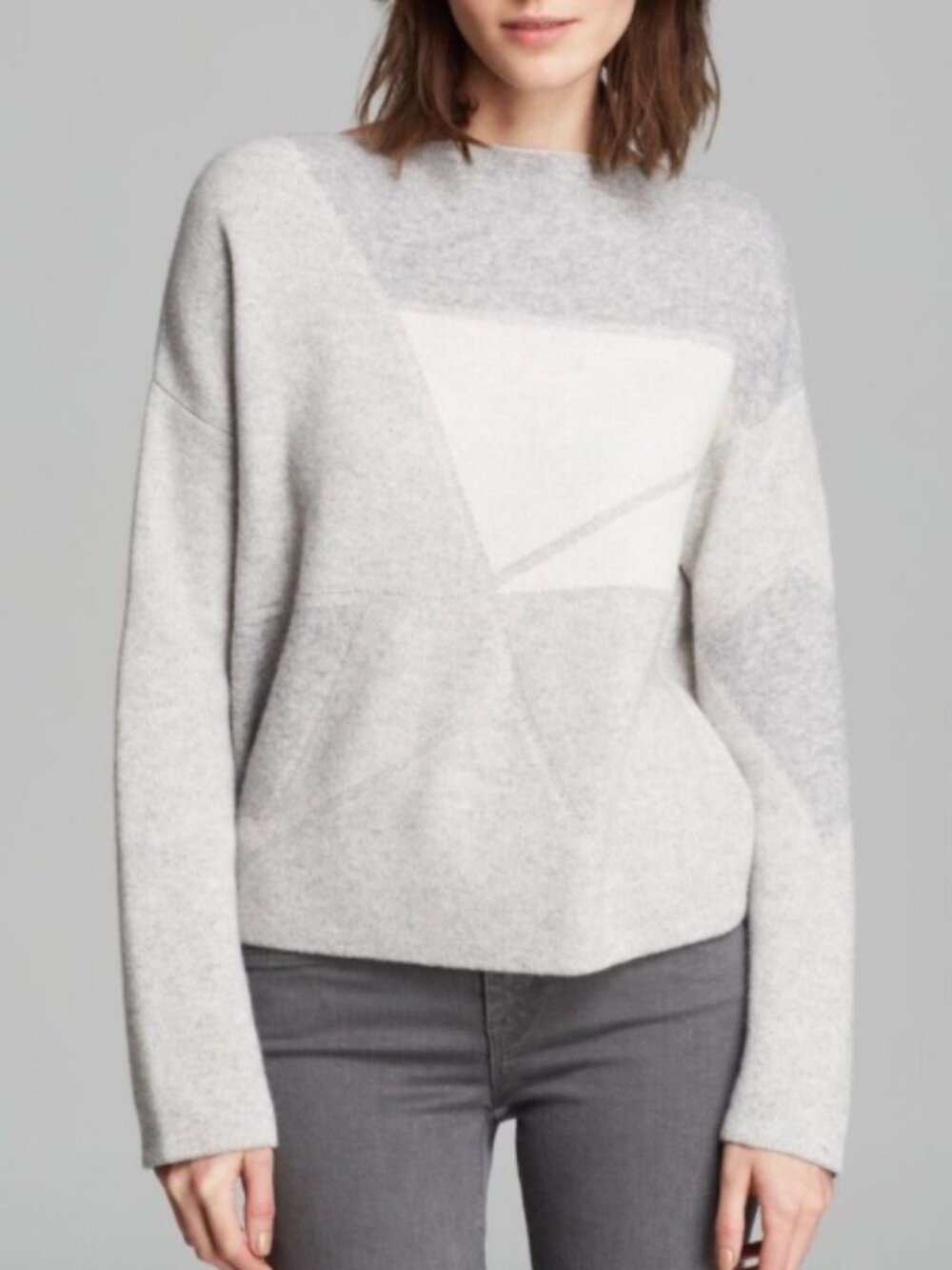 Women Vince Gray and Cream Geometric Crewneck Sweater
